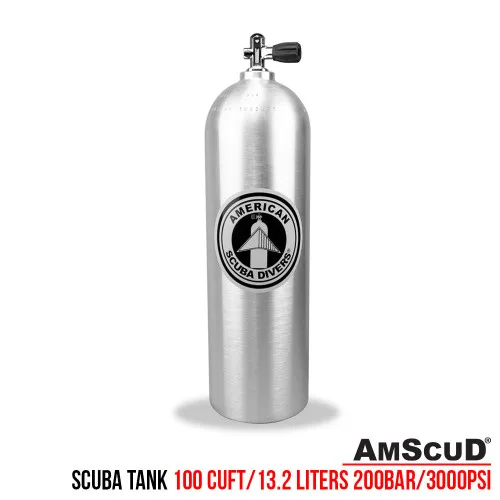 Bouteille de plongée en aluminium argenté avec logo et informations techniques
