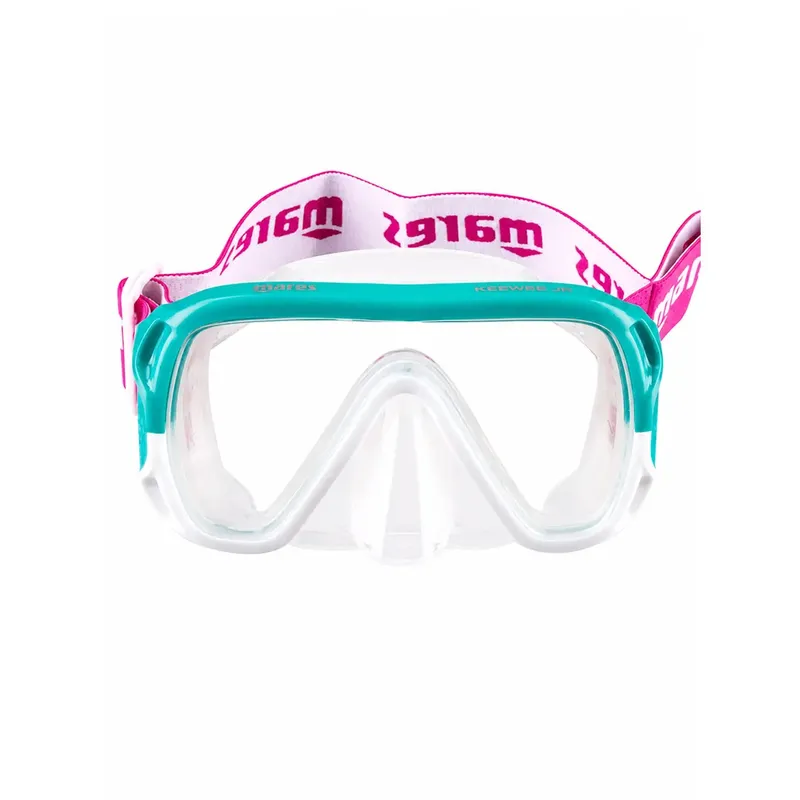 Masque de plongée turquoise et rose avec élastique imprimé sur fond blanc
