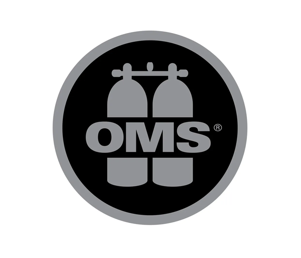 Logo rond noir et gris avec deux bouteilles de plongée OMS