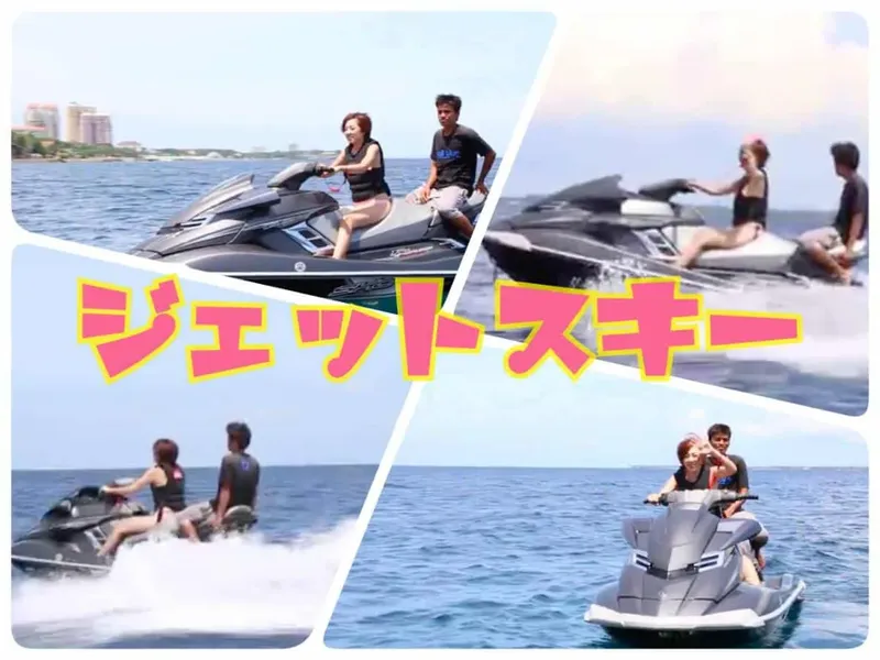 Quatre vignettes de personnes s'amusant sur des jet-skis en mer