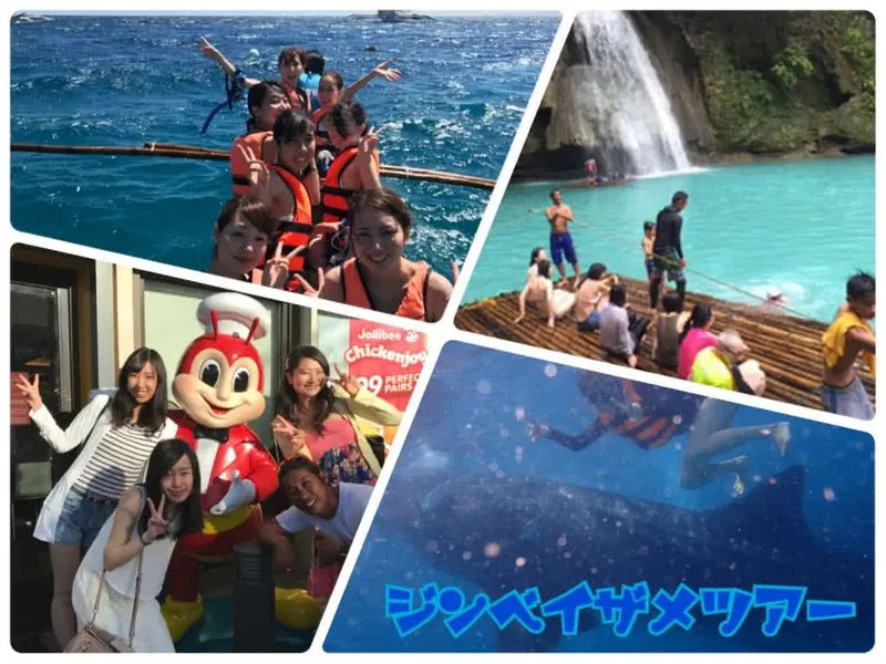 Quatre images : bateau, cascade, personnes et raies manta bleues