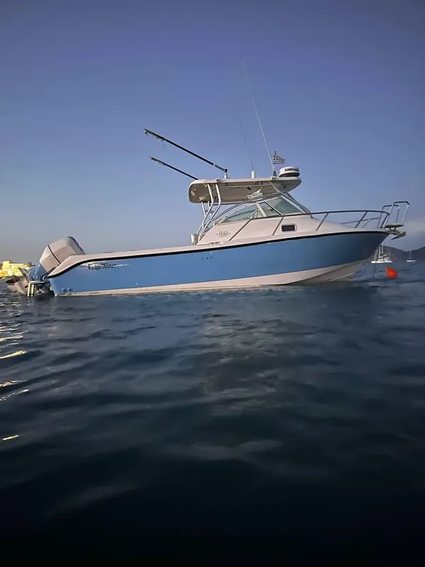 Bateau de plongée bleu et blanc flottant sur une mer calme