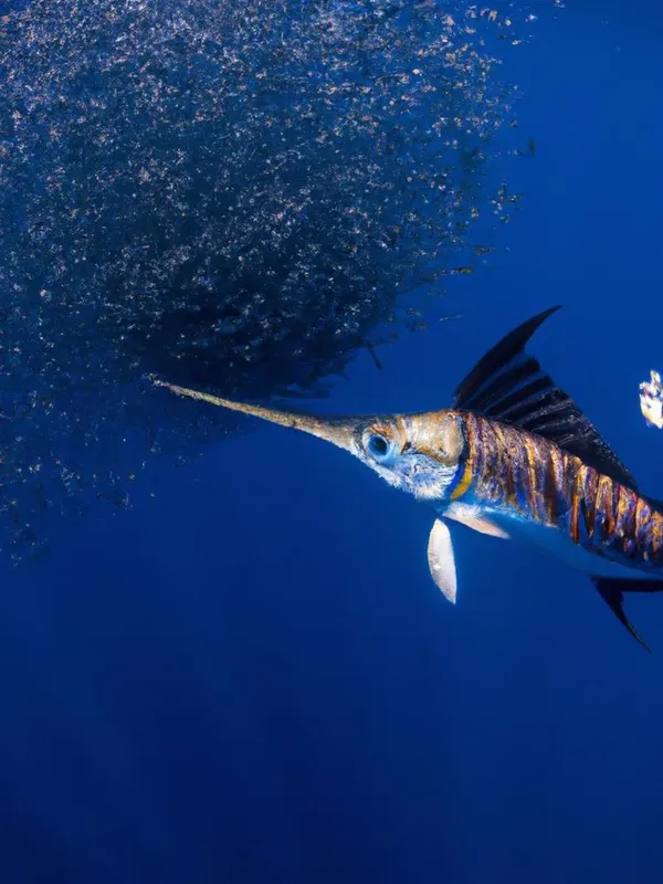 Un magnifique marlin nage dans l'eau bleue, vu d'en bas