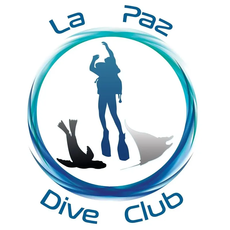 Plongeur et manta dans un logo circulaire bleu et blanc