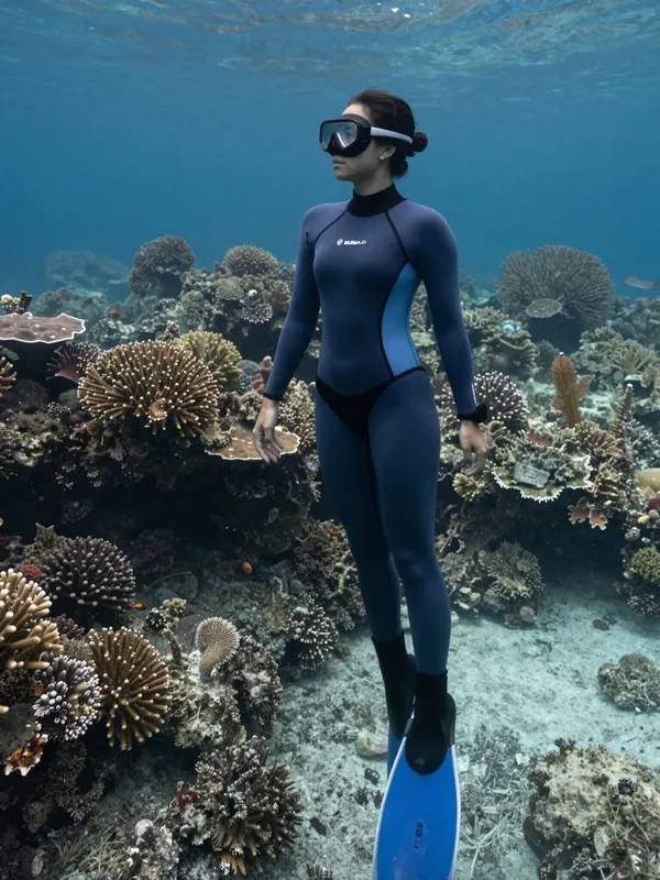 Apnea, une plongeuse en combinaison pose au milieu d'un récif corallien