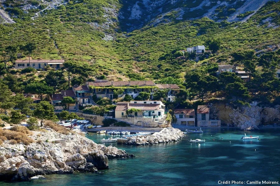 Vue d'une crique avec des bâtiments, des bateaux et végétation luxuriante