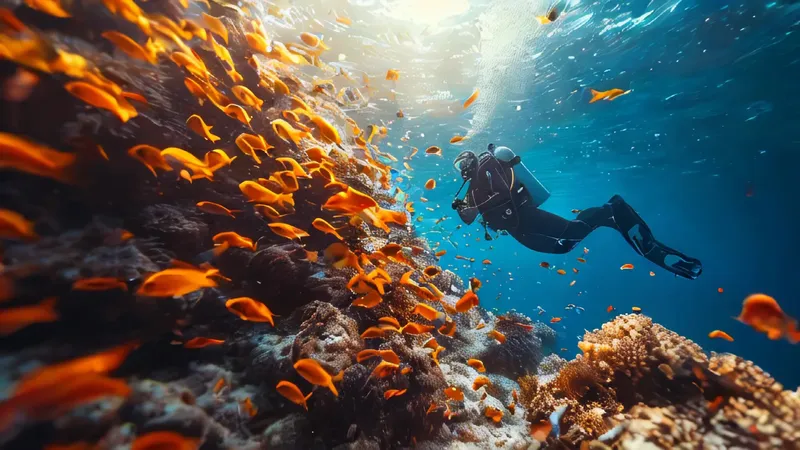 Plongeur evoluant au milieu d'un banc de poissons colorés et coraux