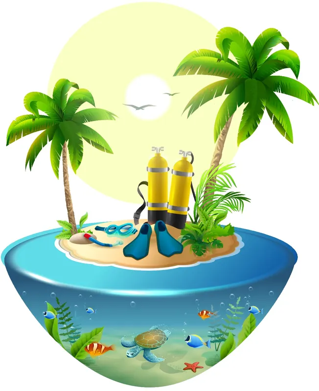 Illustration d'une île tropicale avec équipement de plongée et faune marine