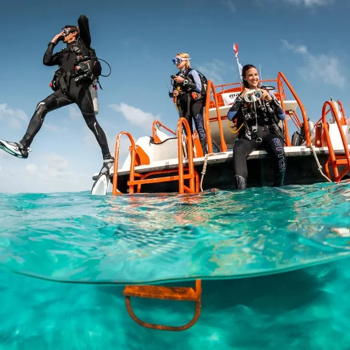 Plongeurs s'apprêtent à entrer dans l'eau depuis un bateau orange