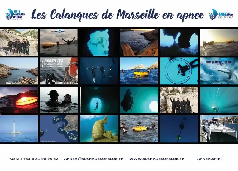 Collage de photos de personnes pratiquant l'apnée dans les calanques