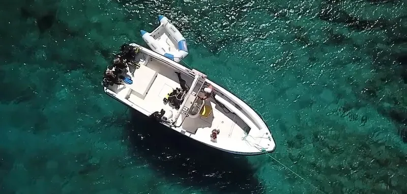 Plongeurs sur un bateau blanc au-dessus d'une eau turquoise claire
