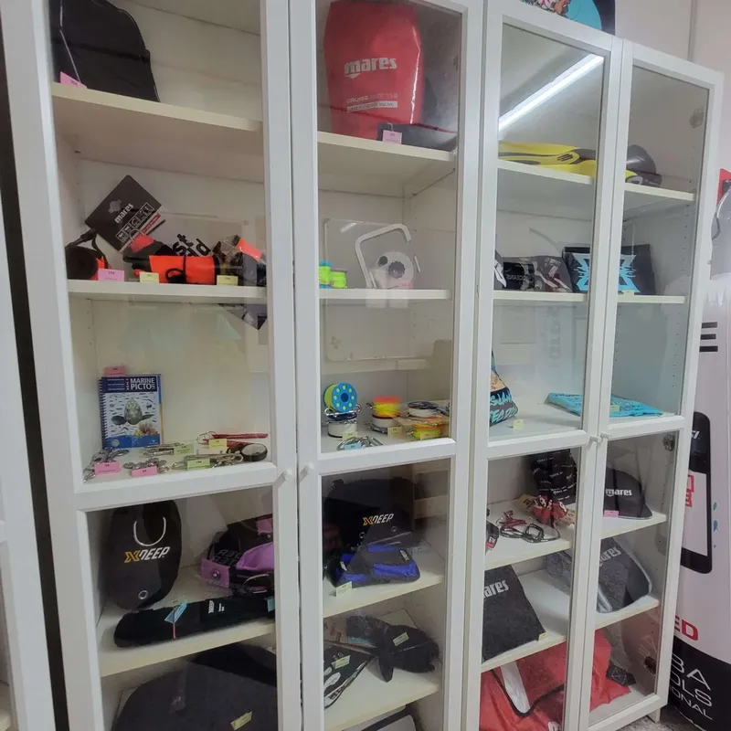 Vitrine remplie d'équipements de plongée : masques, palmes, gilets