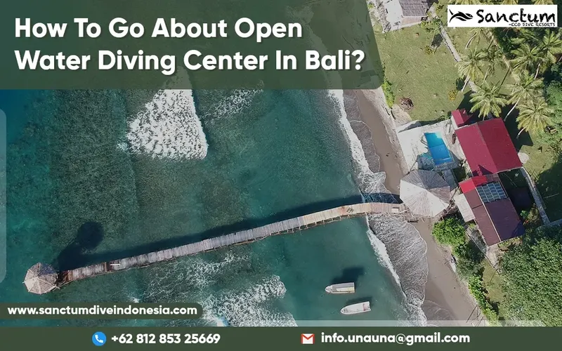 Vue aérienne d'un centre de plongée à Bali avec ponton et bâtiments