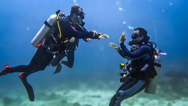 Deux plongeurs souriants se donnent la main sous l'eau