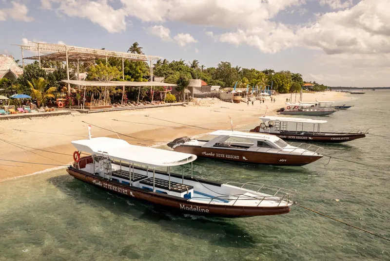 Plage tropicale avec bateaux de plongée amarrés devant un restaurant