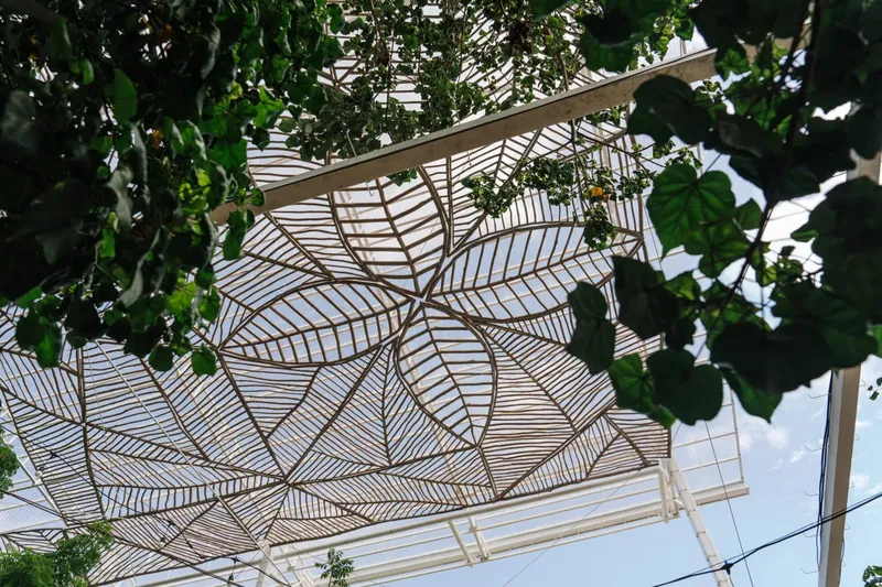 Structure architecturale en forme de feuille avec ciel bleu visible