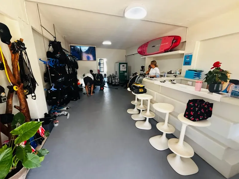 Intérieur d'un centre de plongée avec matériel, comptoir et personnes