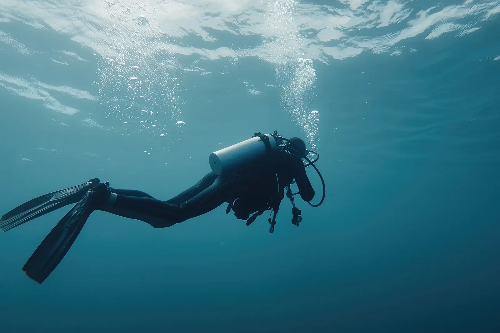 Plongeur en combinaison noire nageant dans une eau bleu clair