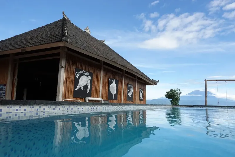 Bâtiment en bois avec des illustrations de tortues marines et de poissons