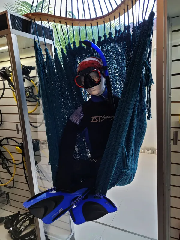 Combinaison de plongée, masque et palmes sur fond de filet bleu