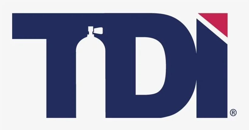 Logo TDI avec une bouteille de plongée et un détendeur blancs