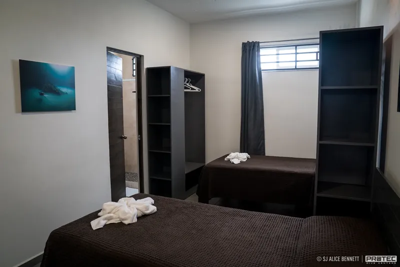 Intérieur d'une chambre avec lits, étagères et une image marine