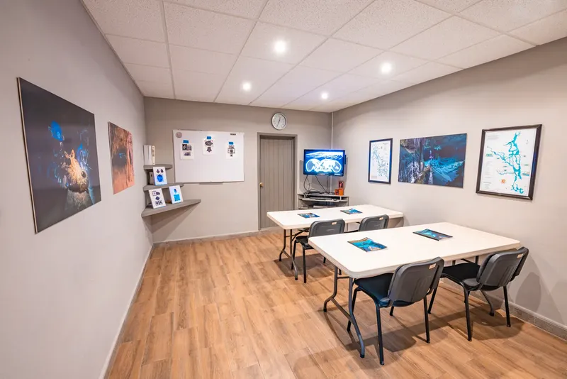 Salle de cours lumineuse avec tables, chaises et décorations marines