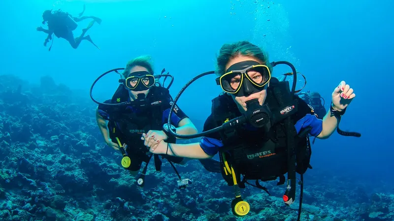 Deux plongeurs souriants se tiennent la main dans l'eau bleue