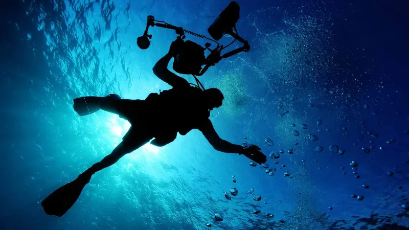 Plongeur en silhouette, éclairé par le soleil, nageant dans l'eau bleue