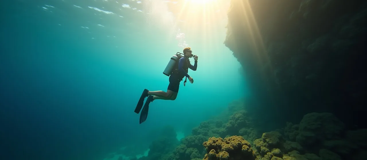 Plongeur explorant un récif corallien dans une eau claire et lumineuse