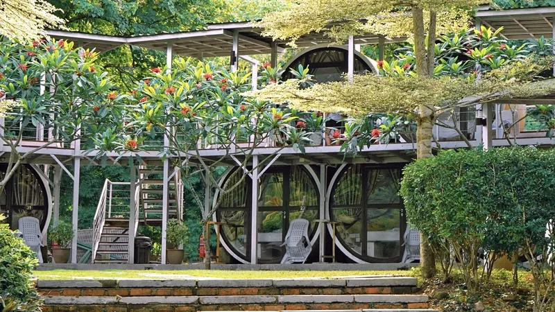 Bâtiment avec architecture originale, végétation luxuriante et quelques chaises longues