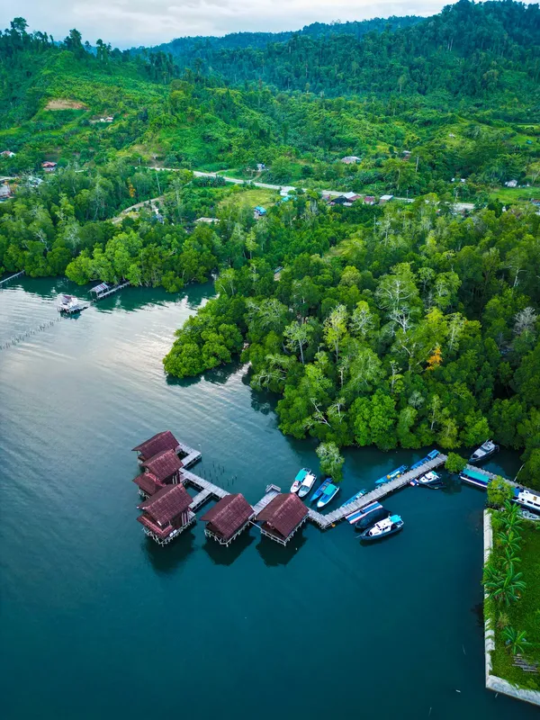 Vue aérienne d'un centre de plongée avec des bateaux et des bungalows
