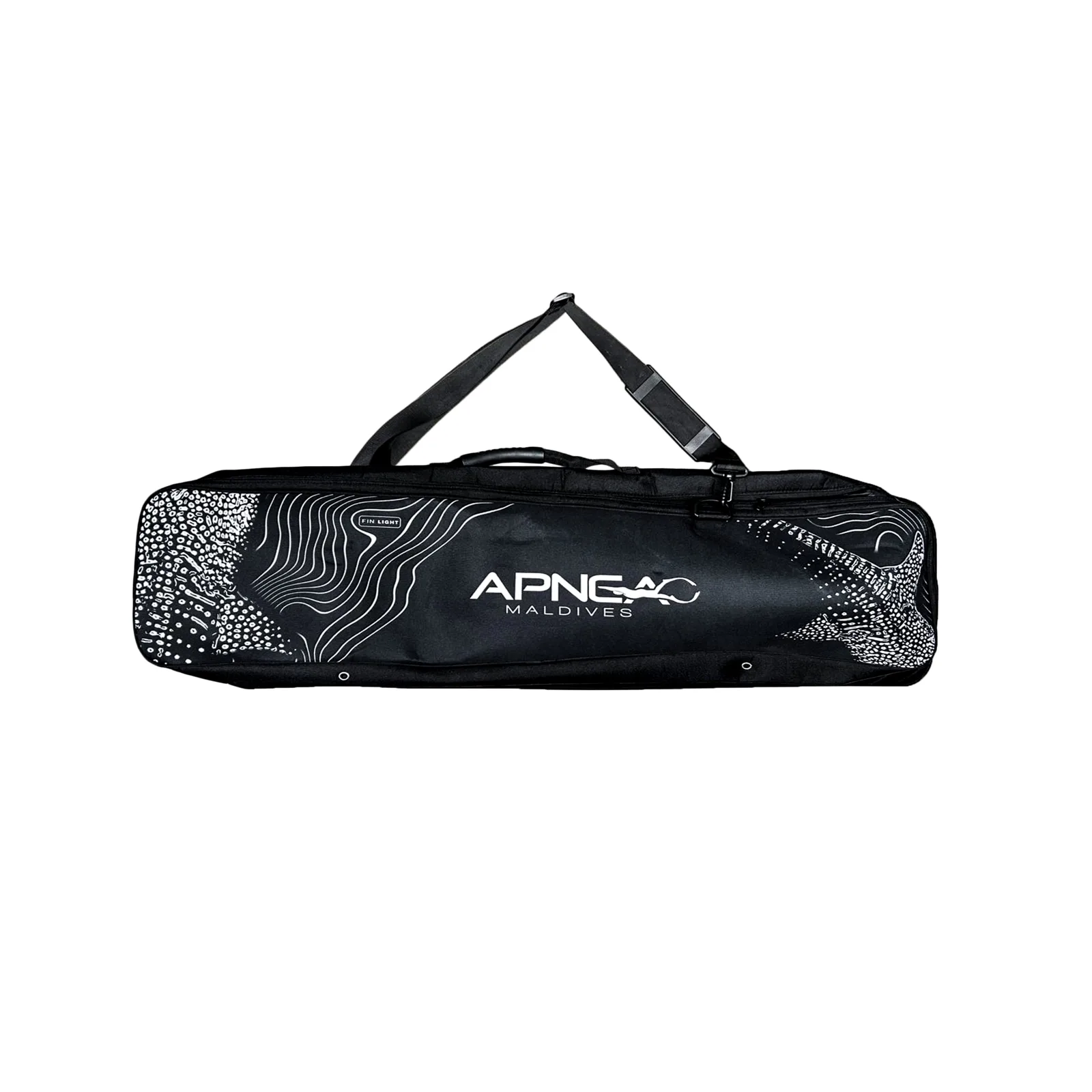 Sac de plongée noir avec logo APNG Maldives et motifs aquatiques