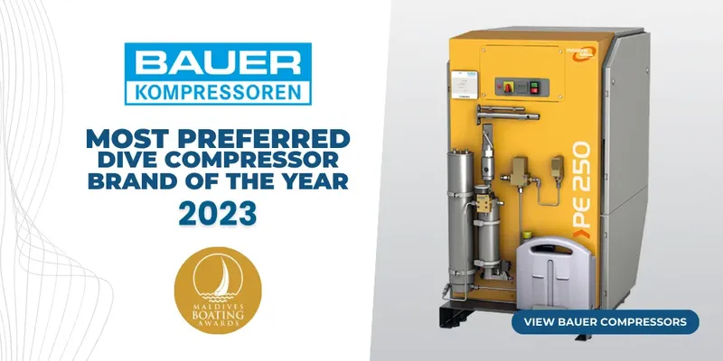 Compresseur Bauer jaune, récompense Maldives Boating Awards 2023, équipement de plongée