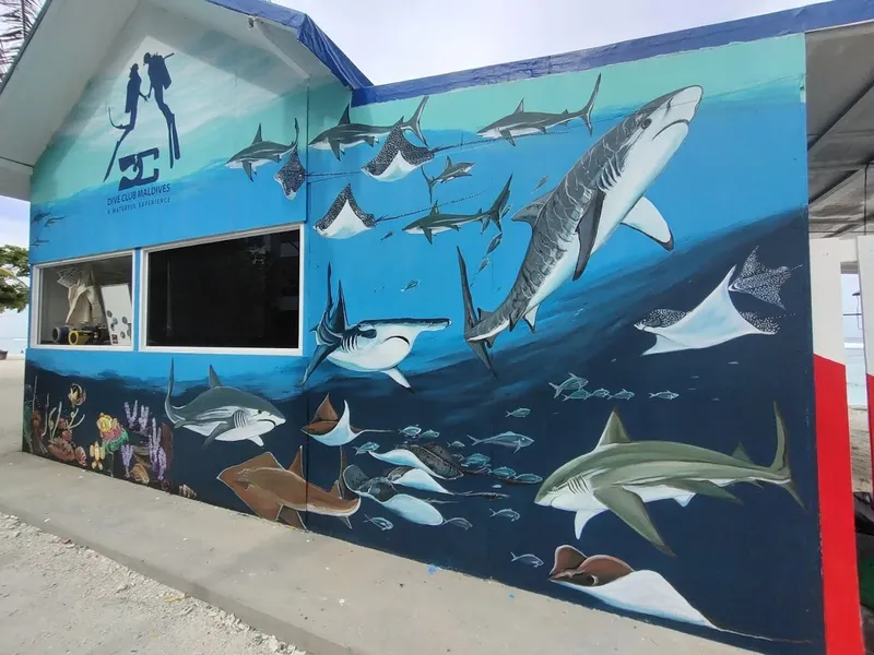 Mur peint avec des requins, des raies et un bâtiment blanc
