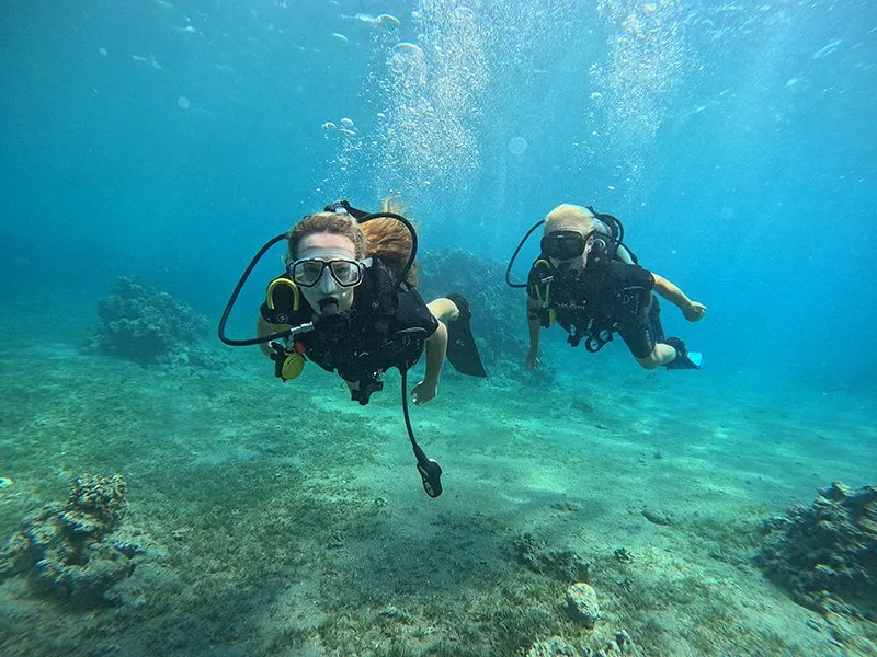 Deux plongeurs explorent un fond marin rocheux en eau turquoise