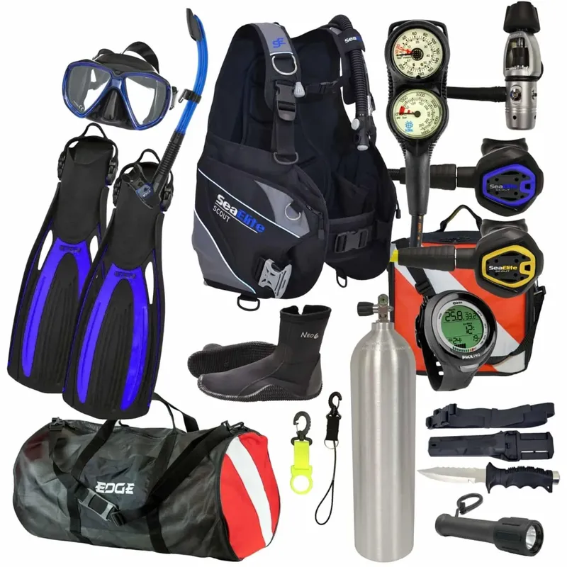 Equipement de plongée complet : masque, palmes, bouteille, gilet, détendeur