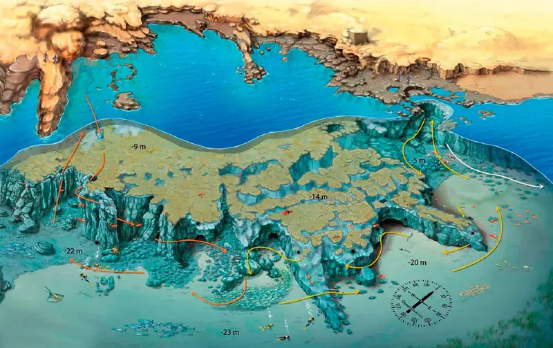 Carte bathymétrique d'un site de plongée avec profondeur et itinéraire