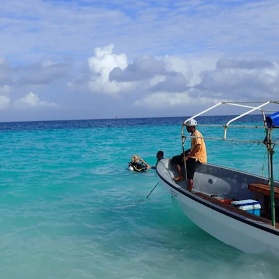 Plongeurs se préparent à entrer dans une mer turquoise et calme