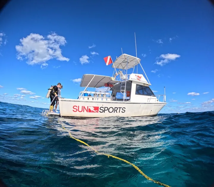 Bateau de plongée blanc et bleu avec un plongeur à bord
