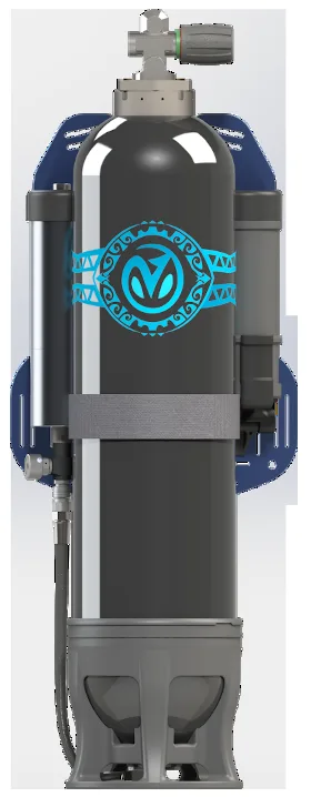 Bouteille de plongée noire avec détendeur et logo bleu turquoise