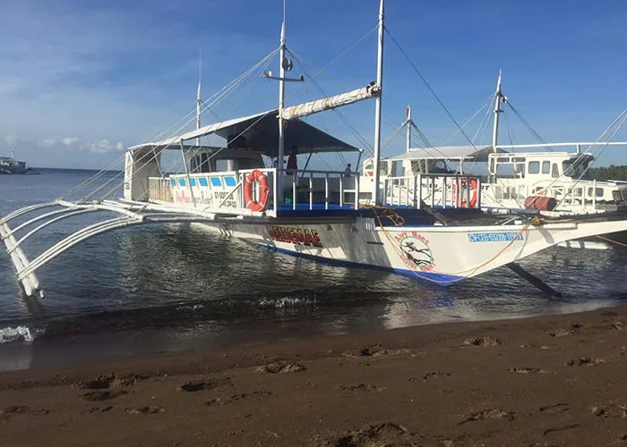Bateau de plongée échoué sur une plage de sable sombre