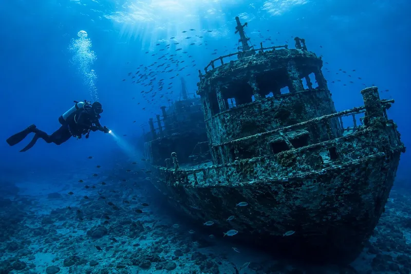 Plongeur explorant l'épave d'un bateau colonisé par des poissons