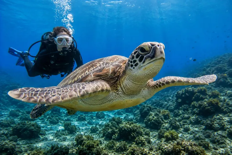 Plongeur et tortue marine nagent ensemble dans un récif corallien