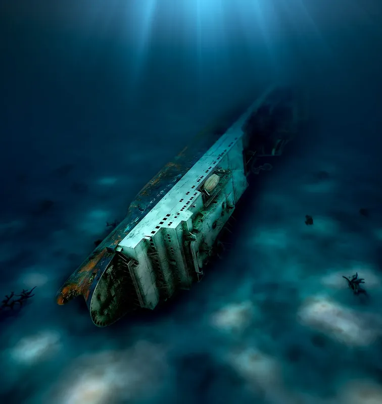 Épave de bateau coulé au fond de l'océan, lumière bleutée