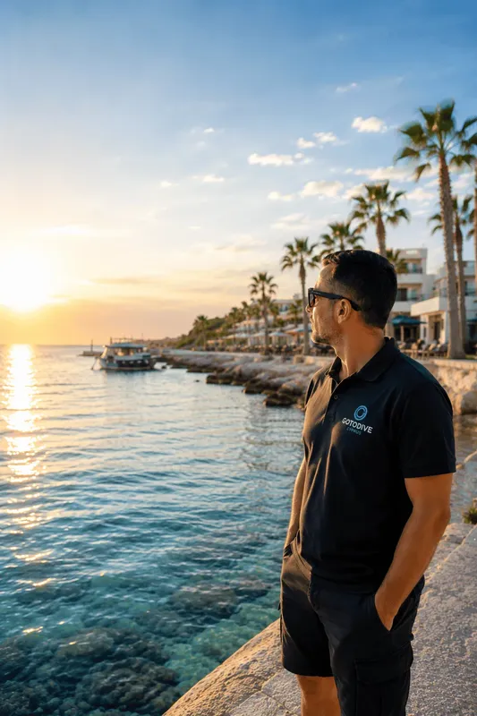 Homme regardant la mer au coucher du soleil, paysage côtier ensoleillé