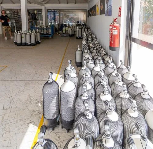 Rangées de bouteilles de plongée dans un local avec une personne