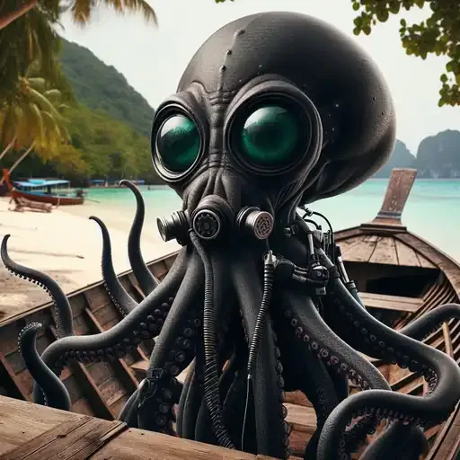 Poulpe steampunk avec des lunettes et des tentacules sur un bateau