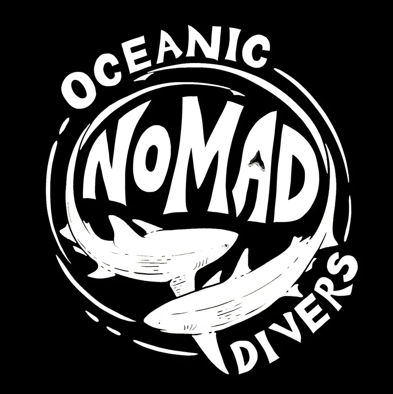 Logo blanc avec requins, texte 'Oceanic Nomad Divers' sur fond noir