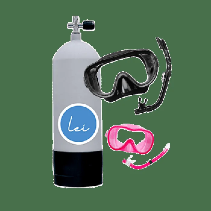 Bouteille de plongée, masque noir et rose, tuba sur fond vert